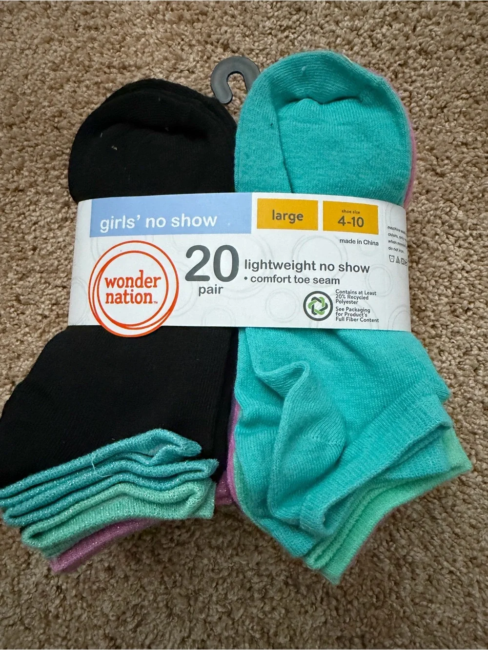 Wonder Nation Girls' Lightweight No Show Socks, 20-Pair Pack Large, Shoe Size 4
